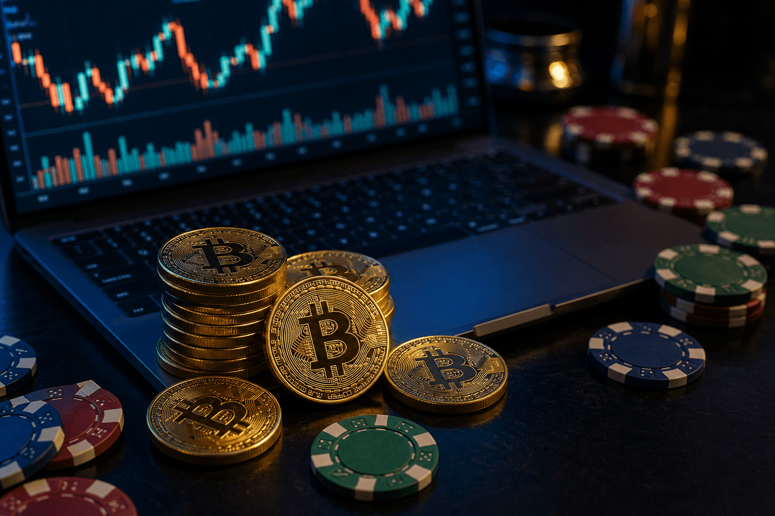Cryptocurrency coins beside a laptop with market charts and casino chips