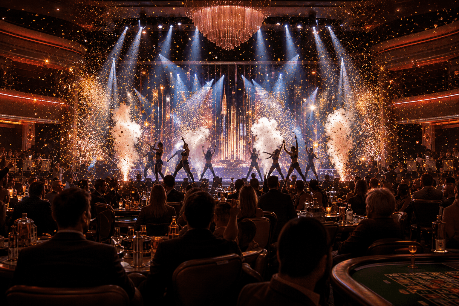 Spectacular casino entertainment show with stage lights and confetti
