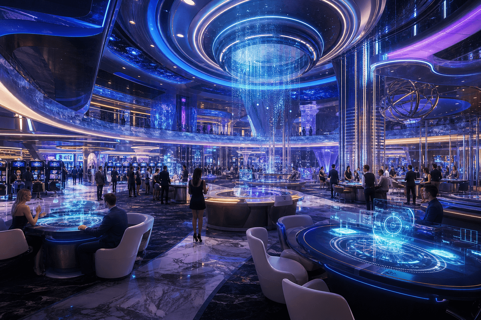 Futuristic neon casino interior with holographic displays