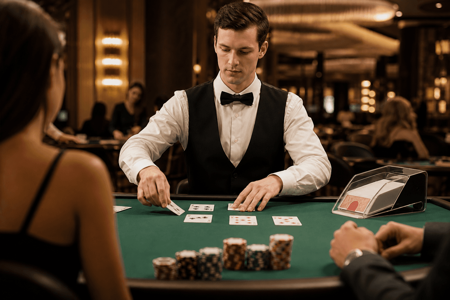 Live dealer dealing cards at a baccarat table with chips