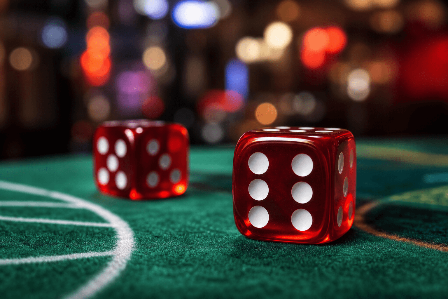 Red dice on green casino felt under dramatic lighting