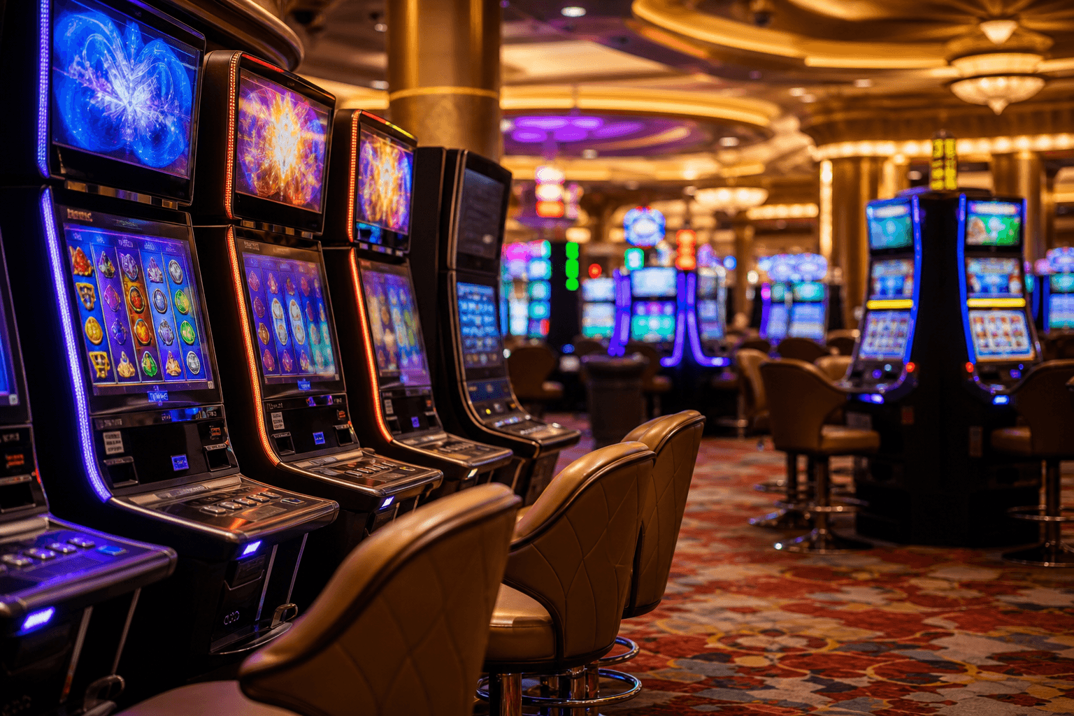 Row of illuminated slot machines in a luxury casino